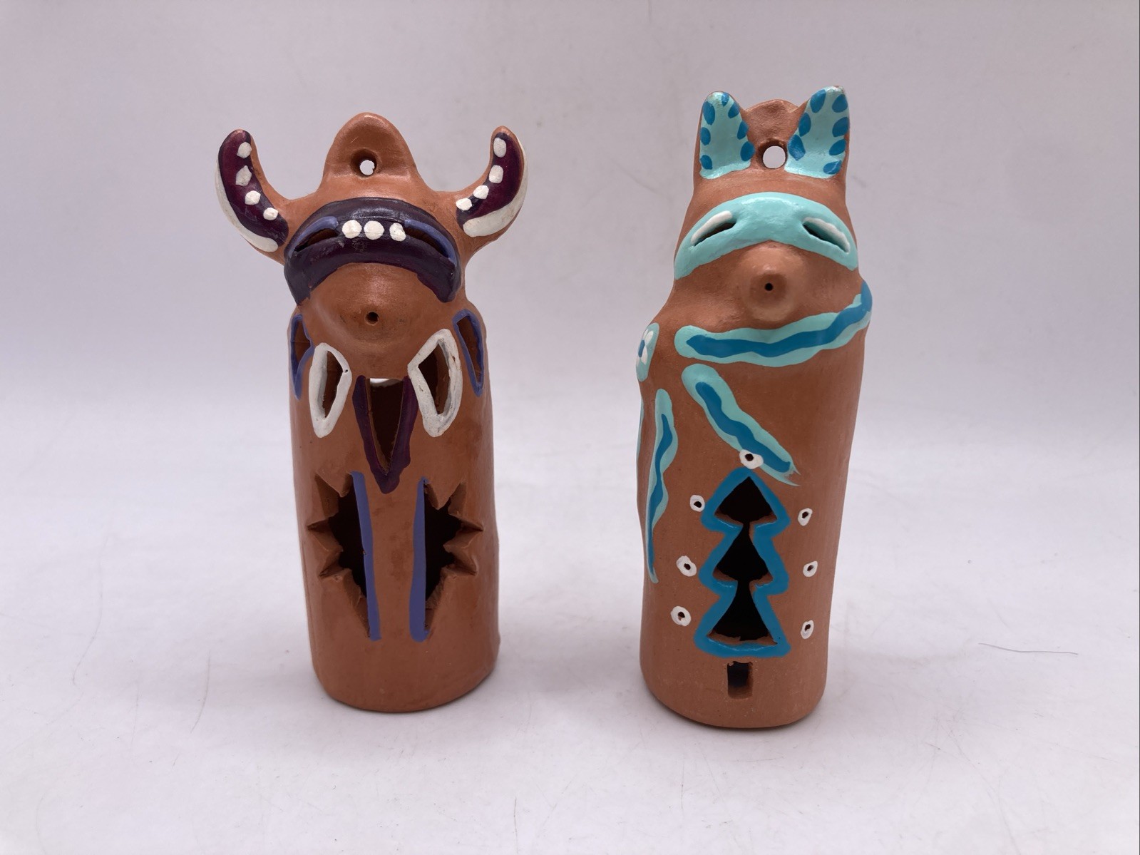 Vintage 1996 Robin Chlad Mini Luminaria Ornaments Terracotta Pottery Pair 3.75”