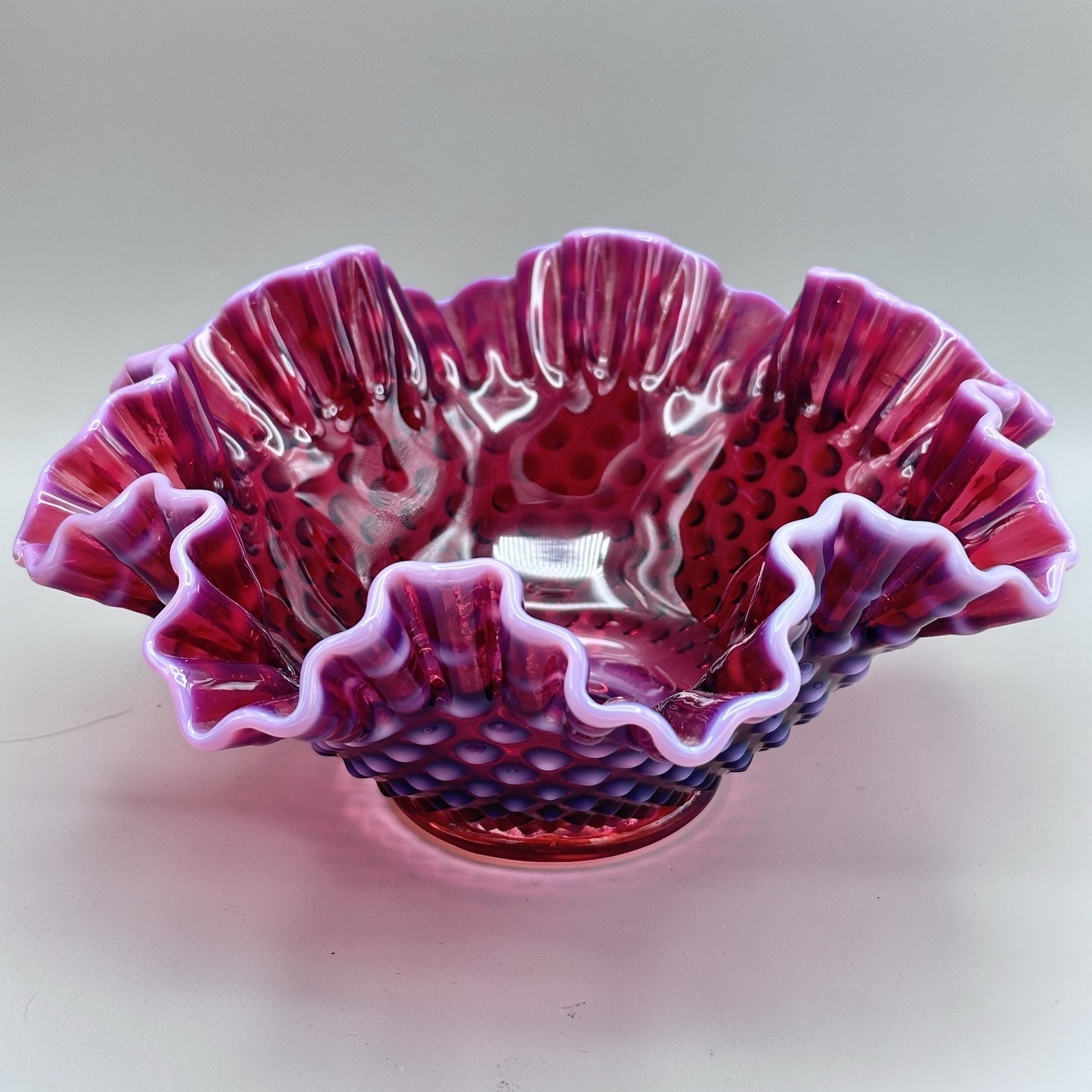 Fenton Plum Opalescent Hobnail Art Glass Bowl 9” Ribbon Edge USA 1959-1963
