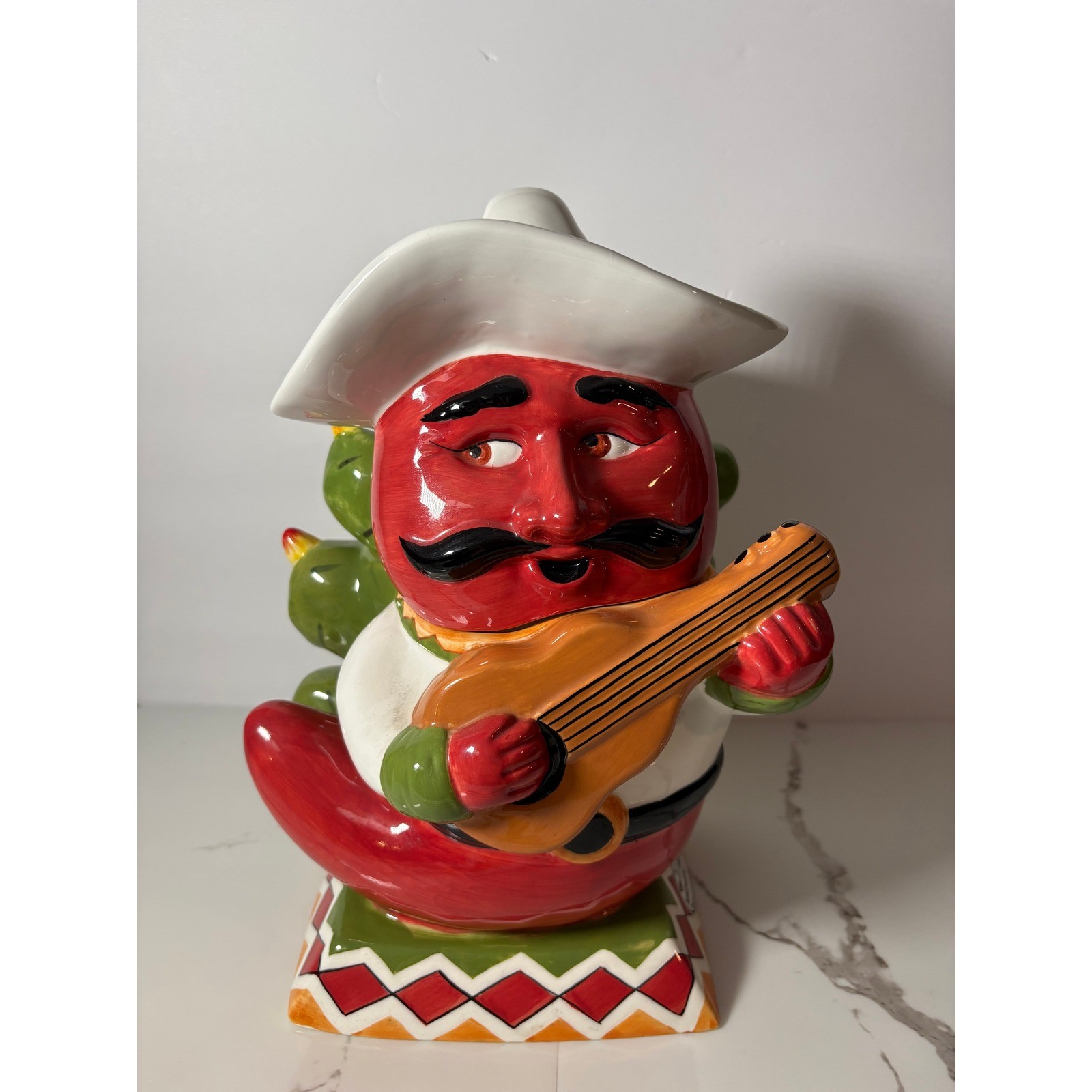 Clay Art Chili Pepper Cookie Jar Hand Painted Ceramic Sombrero Guitar Cactus