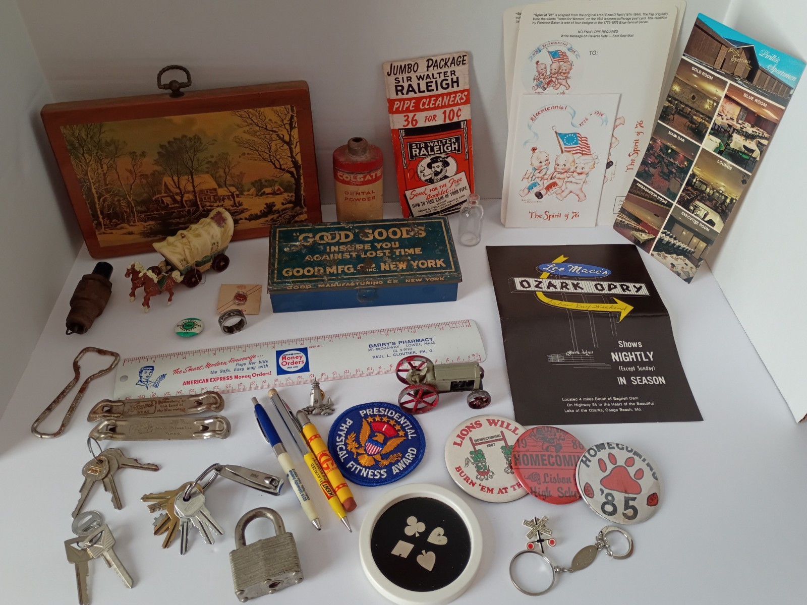 Vintage Junk Drawer Mixed Lot Advertising Keys Pins Ephemera Tin Toys Patch 37+