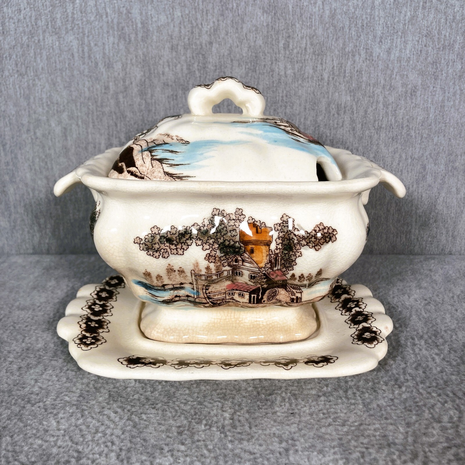 VTG Fred Roberts Ironstone Transferware Tureen w/ Lid + Plate Castle