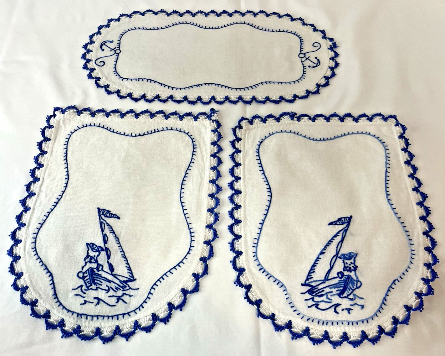3 VTG Hand Crafted Blue & White Sailing Scotty Dog Table Scarfs Kitschy Nursery 3 VTG Hand Crafted Blue & White Sailing Scotty Dog Table Scarfs Kitschy Nursery