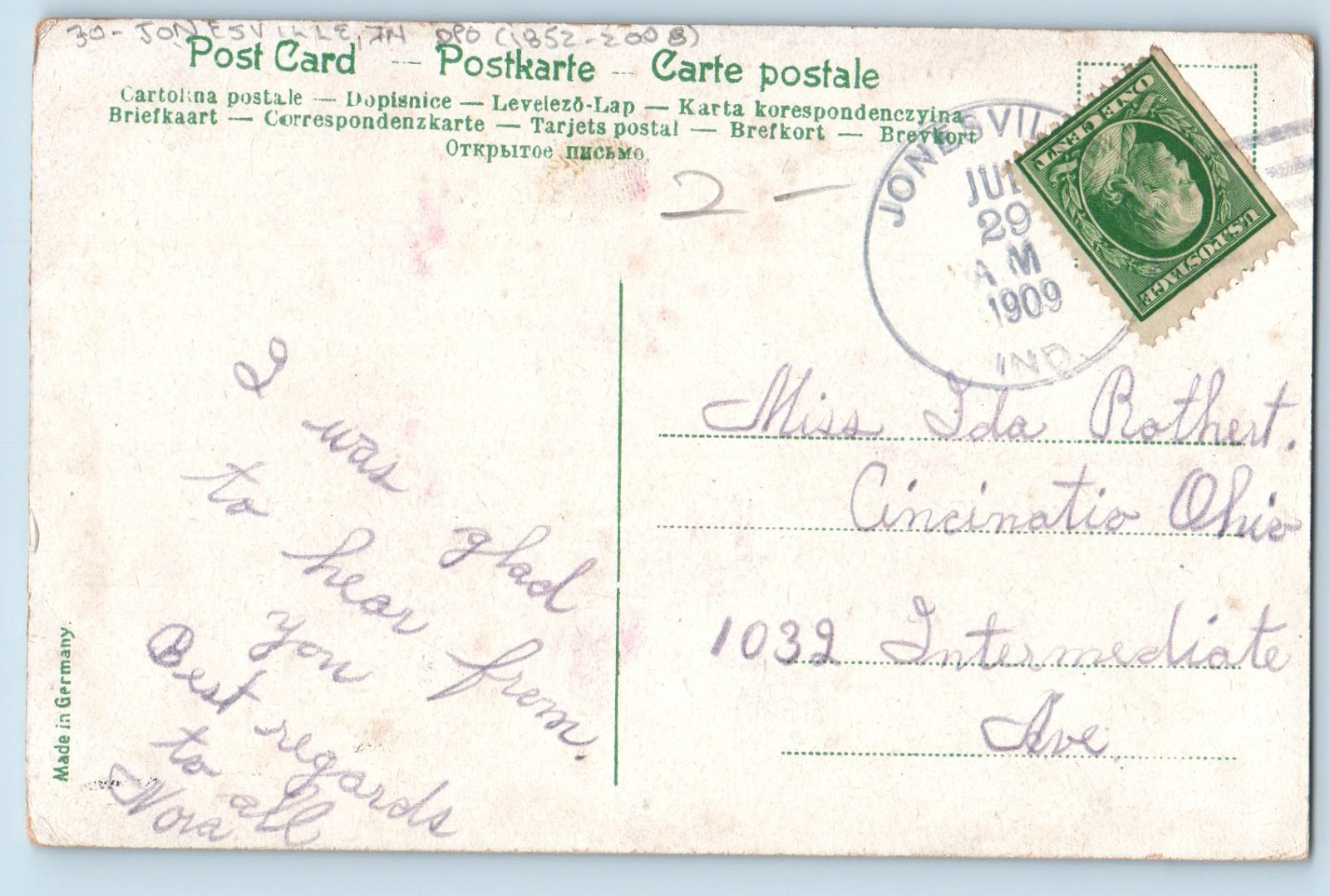 1909 Red Rose Flower Art Jonesville Indiana IN DPO (1852-2008) Antique Postcard