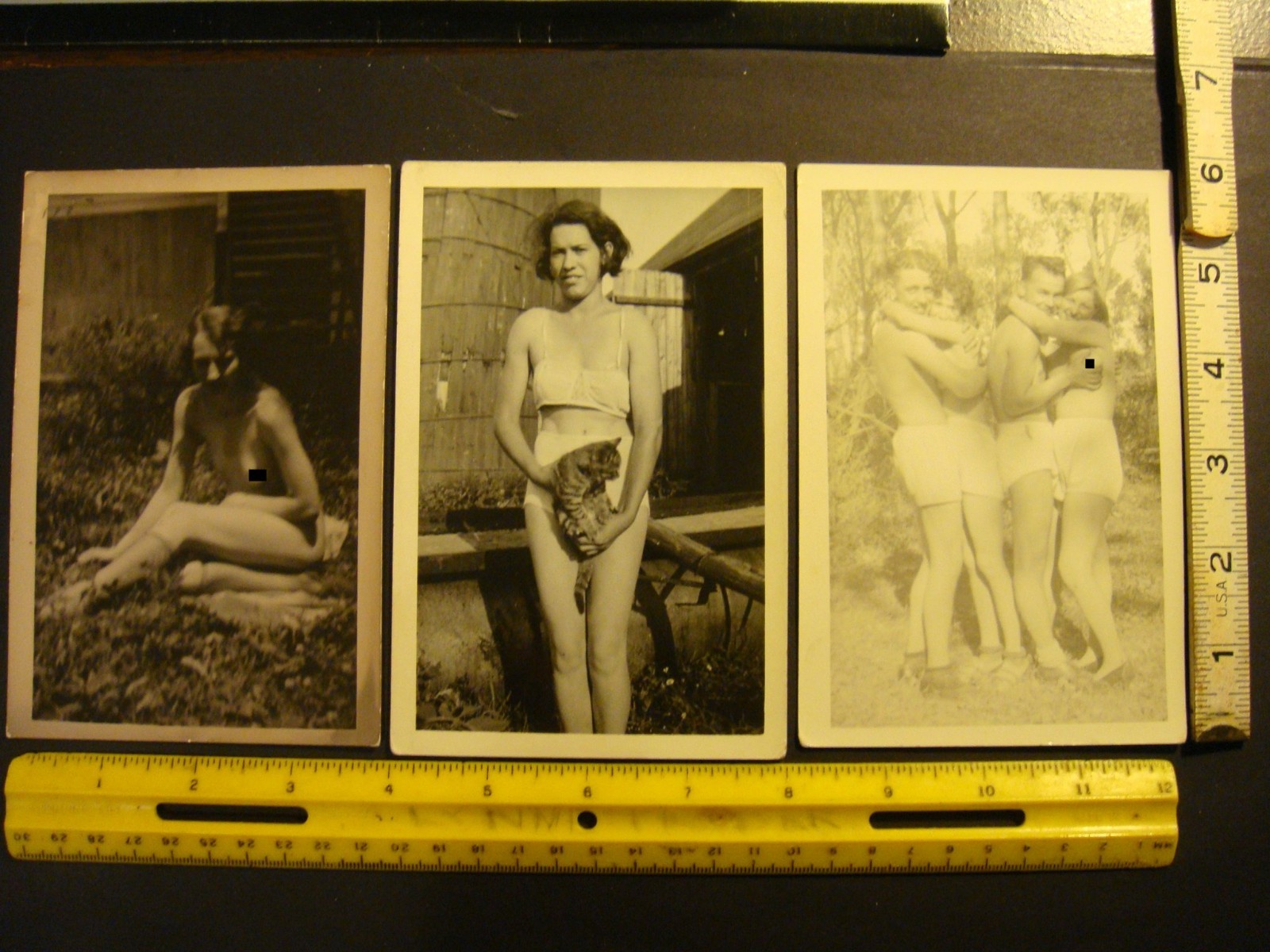 Vtg Oddity 1940s WWII 3 Photo Women Male Sailors 1 Leg Pussycat Nude Beefcake NR
