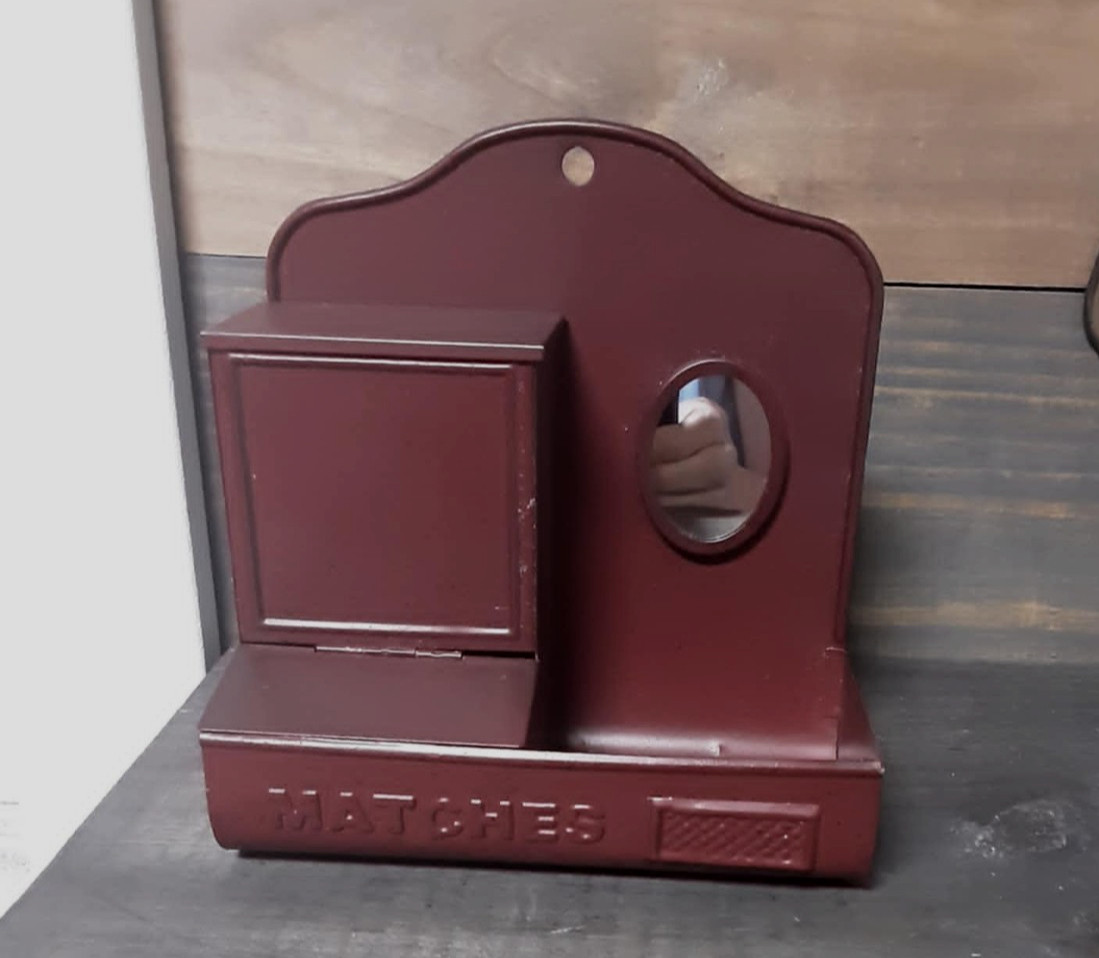 Vintage Burgundy Tin Wall Hanging Match Holder Spent Match Area Small Mirror Vintage Burgundy Tin Wall Hanging Match Holder Spent Match Area Small Mirror