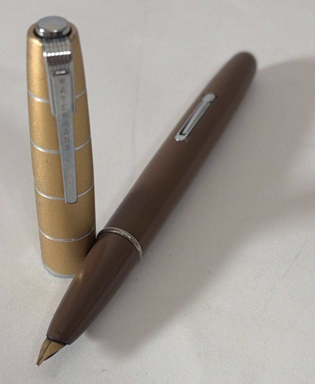 Vintage Waterman’s Lever Fountain Pen - Tan Barrel, Chrome Cap – Hooded Gold Nib