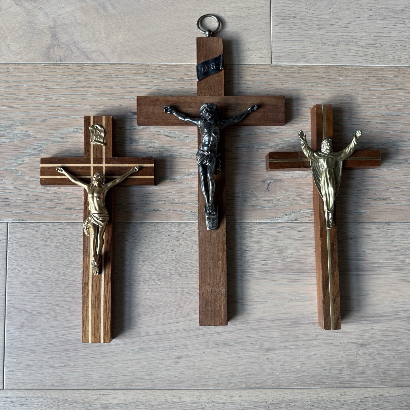 3 Vtg Wooden Christian Crosses Last Rite Funeral Casket Cross INRI- Pewter Jesus