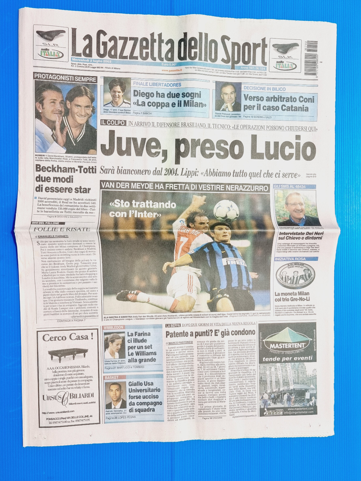 GAZZETTA DELLO SPORT 2 JULY 2003 LUCIO ALLA JUVENTUS-ZANETTI-BECKHAM-TOTTI