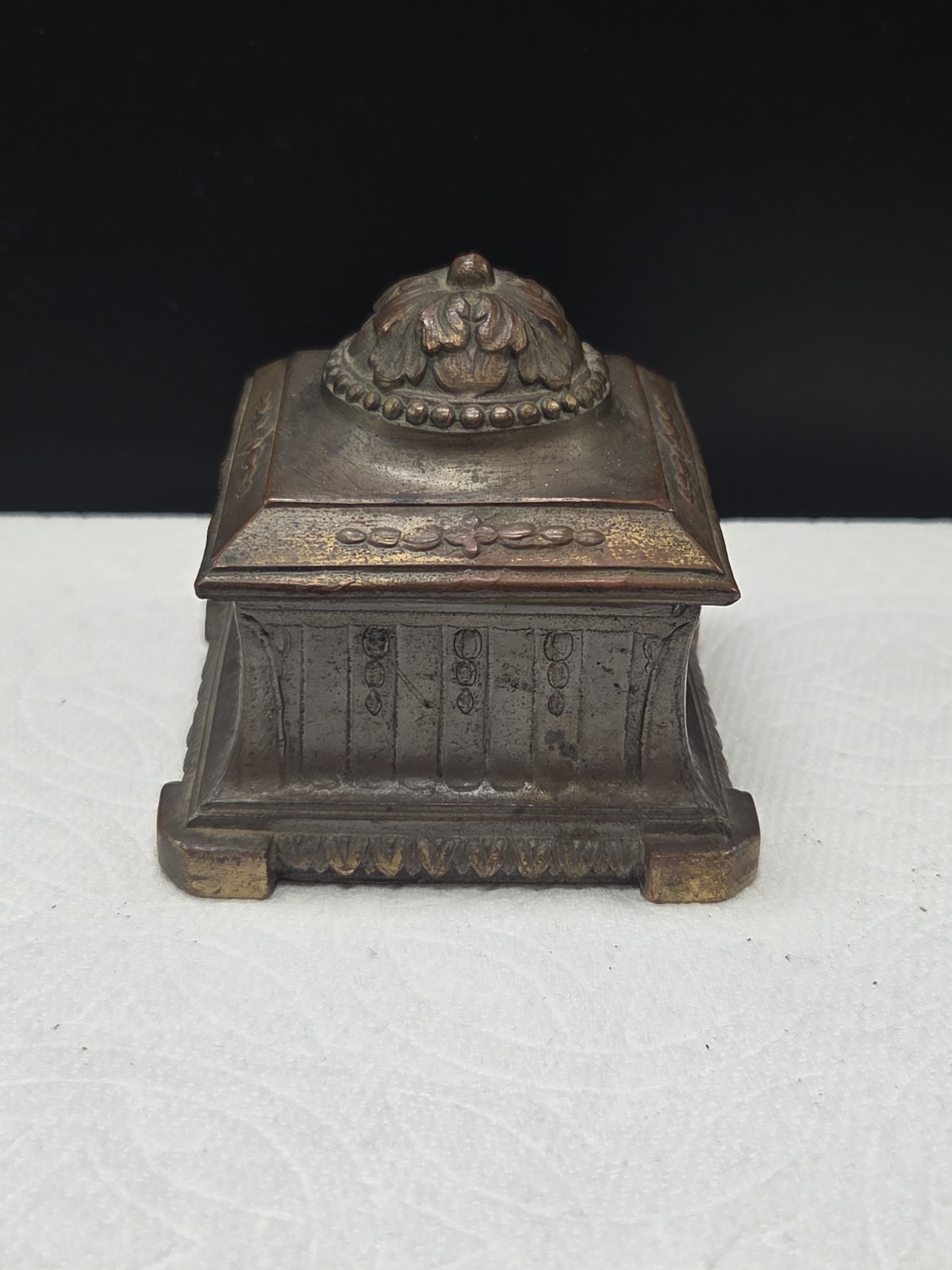 Vintage Metal Miniature Historical Museum Inkwell Amber Glass Cup