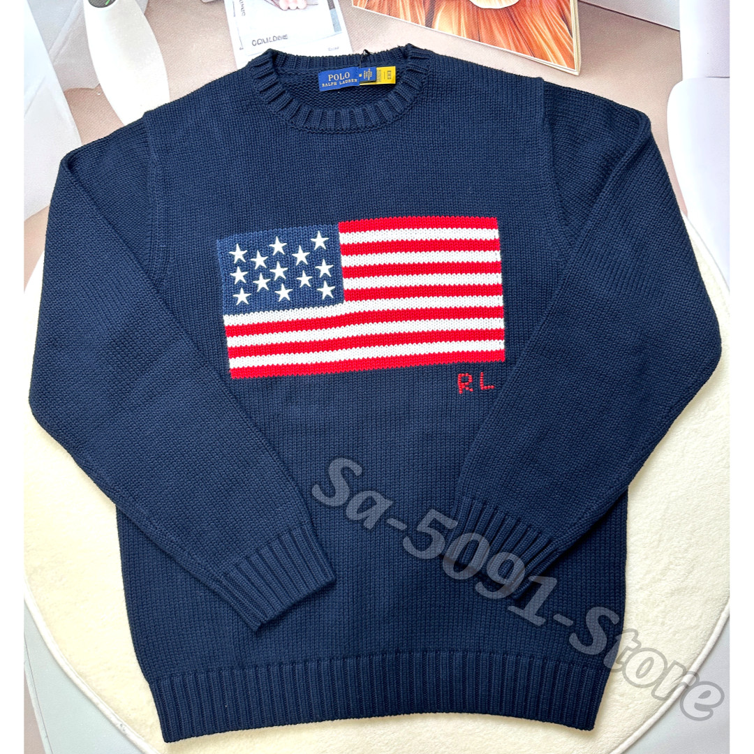 POLO RALPH LAUREN USA Flag Knit Sweater Navy Cotton Crewneck Women's Medium NWT
