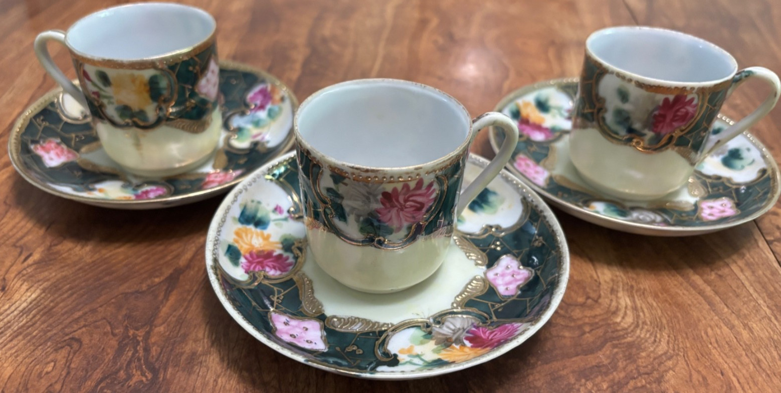 3 Vintage Green Demitasse Cups & Saucers Floral Motif Raised Gold Trim & Beading