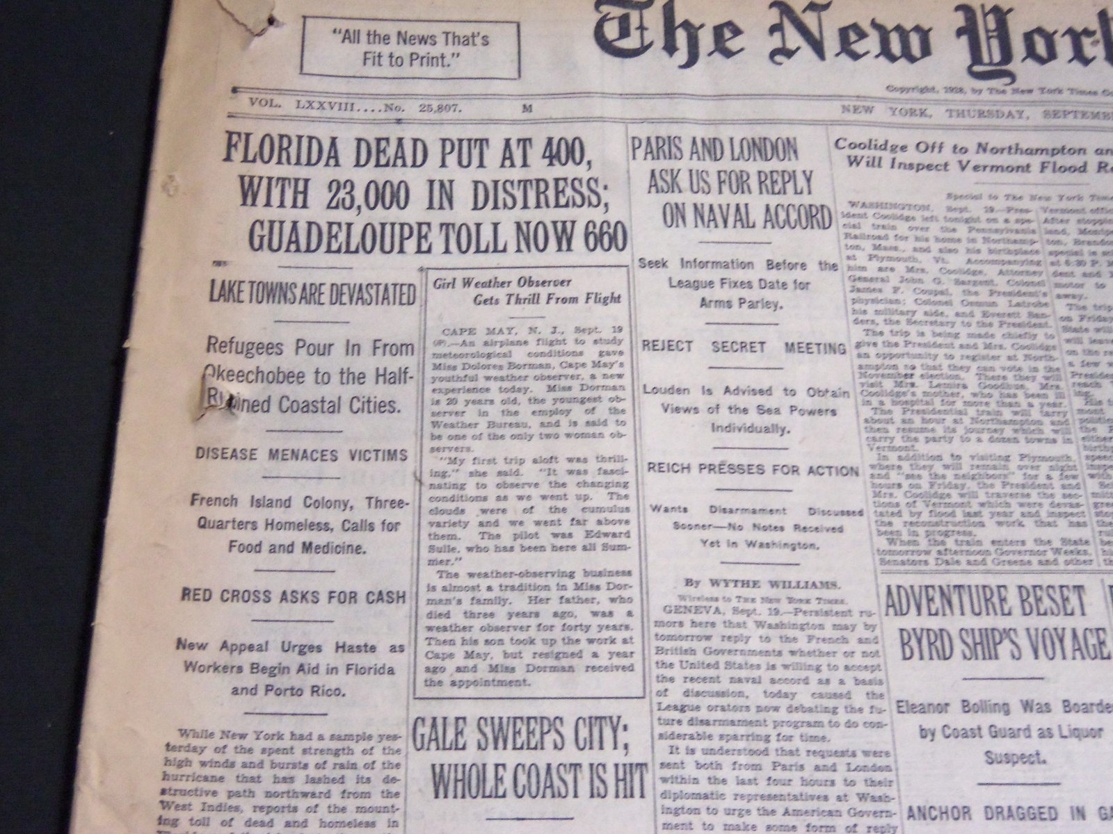 1928 SEPTEMBER 20 NEW YORK TIMES - FLORIDA DEAD PUT AT 400 - NT 6919 1928 SEPTEMBER 20 NEW YORK TIMES - FLORIDA DEAD PUT AT 400 - NT 6919