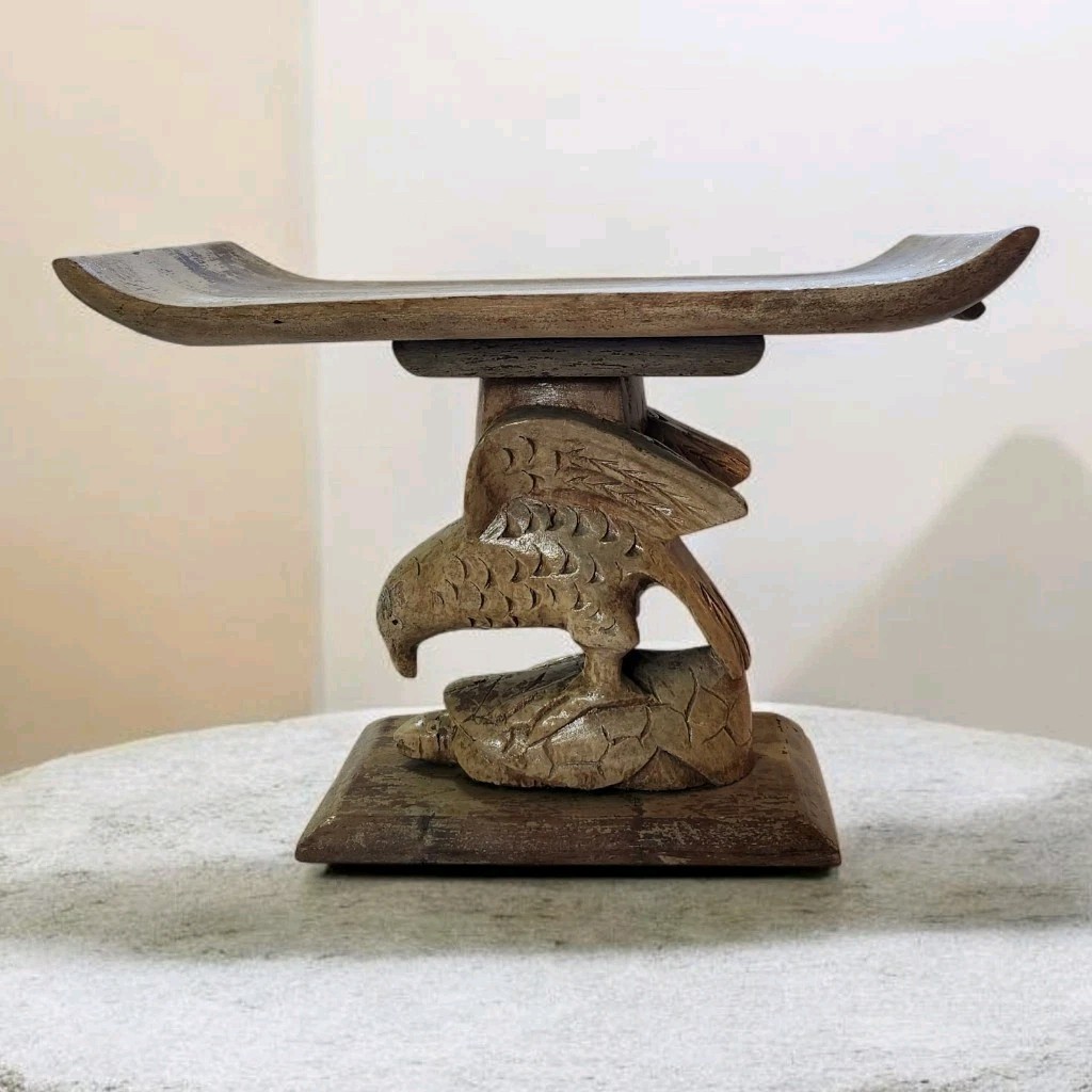 Vtg African Ghana Ashanti Wood Carved Tribal Stool Headrest Eagle On Turtle Rare Vtg African Ghana Ashanti Wood Carved Tribal Stool Headrest Eagle On Turtle Rare
