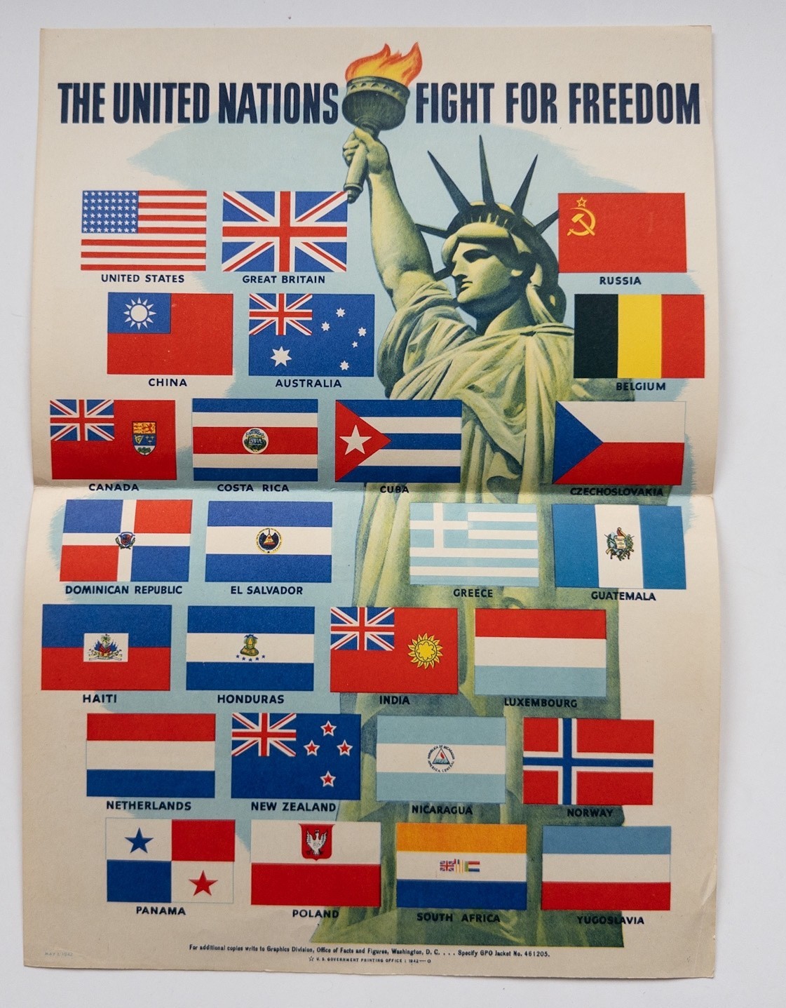 1942 United Nations Fight For Freedom Poster WWII Allied Flags Statue of Liberty