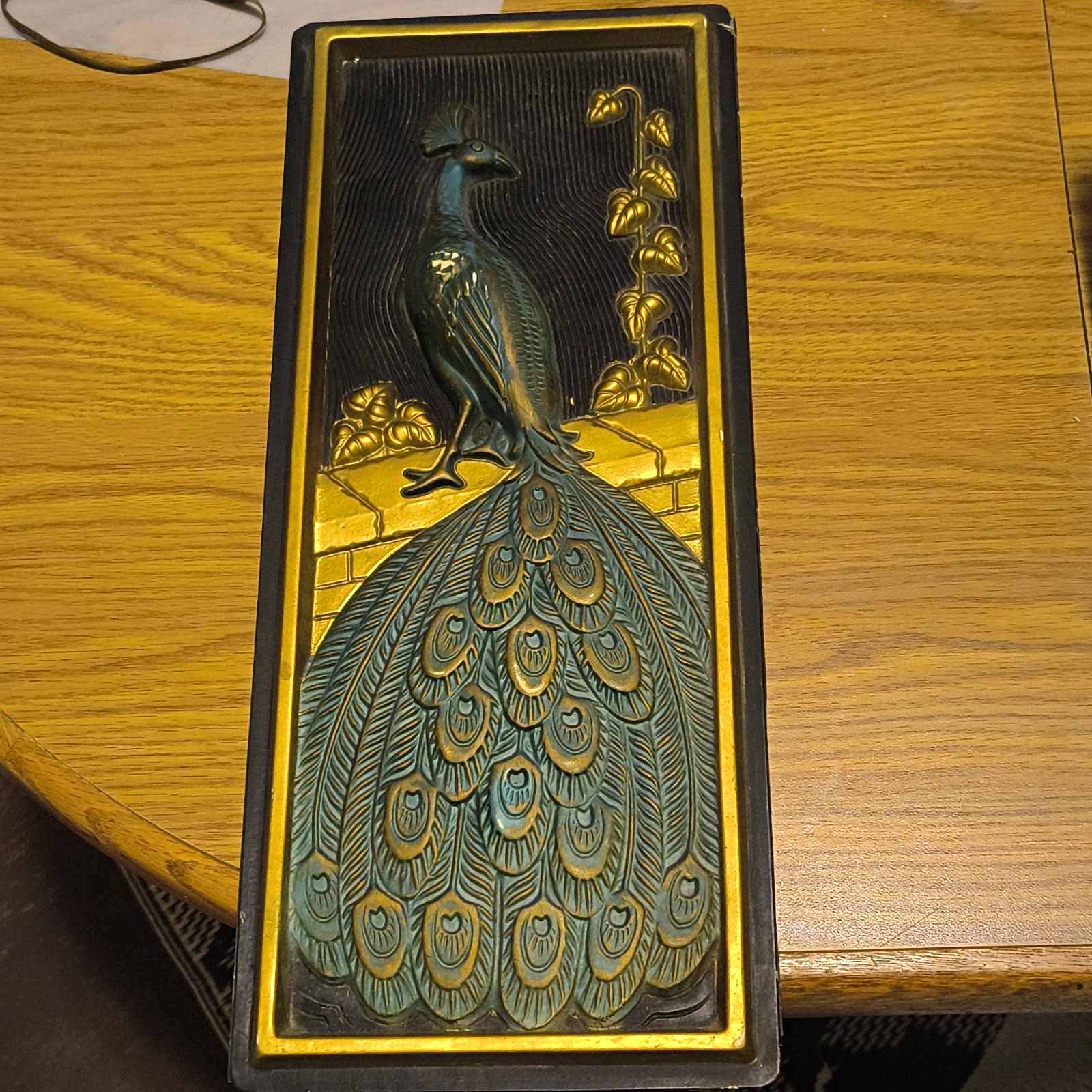 Peacock Relief Decorative Wall Plaque Panel, Metal, Blue Gold Black
