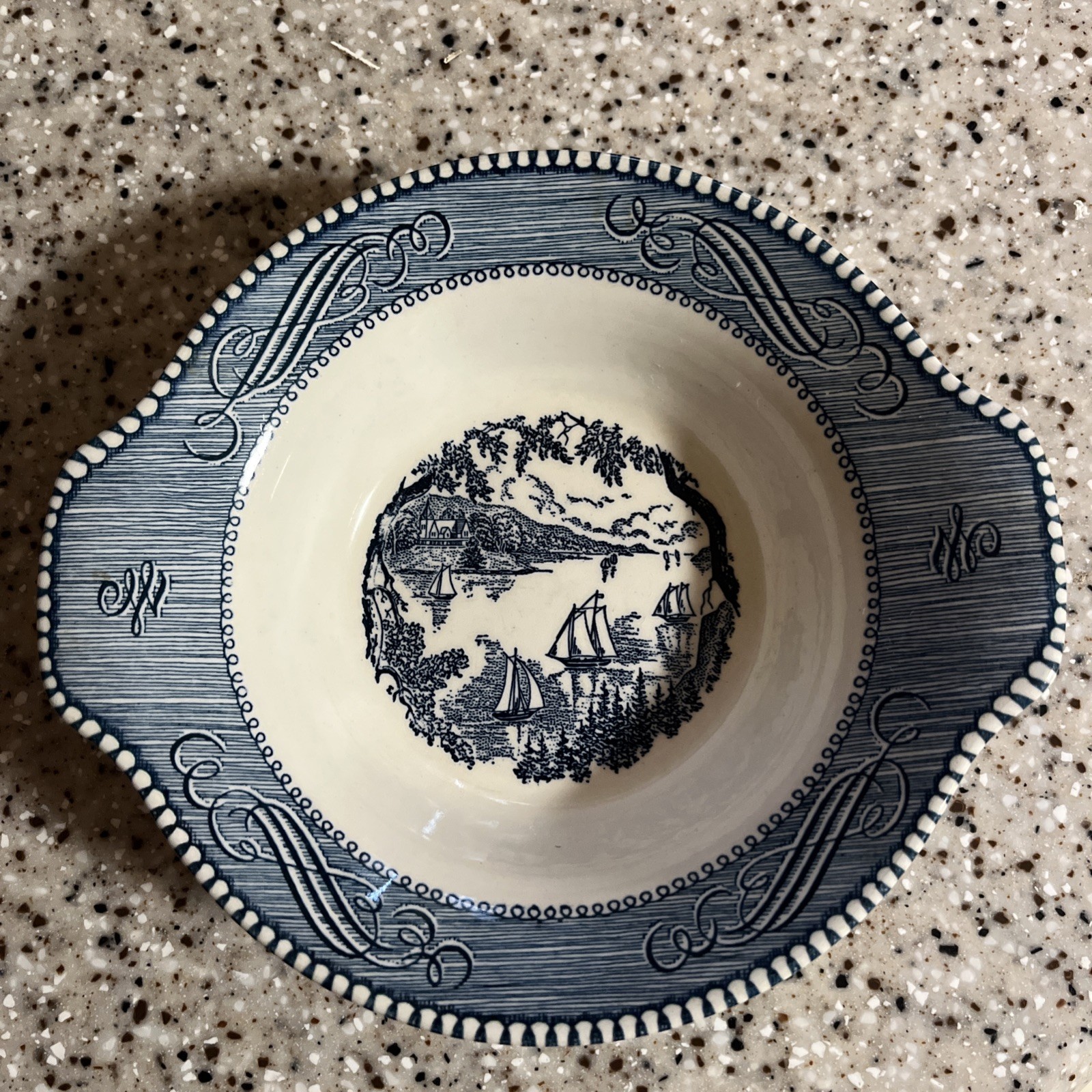 Royal Currier & Ives Lugged Bowl Blue White A Suburban Retreat-Excellent 