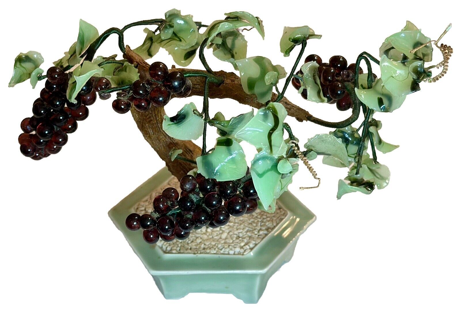 Vintage Jade Bonsai Tree Wired Leaves Grapes Sculpture Celadon Hexagon Pot