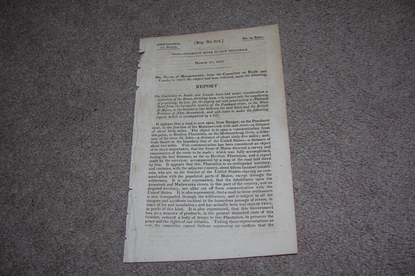 1828 Report on Road from Penobscot River ME to New Brunswick Government Document