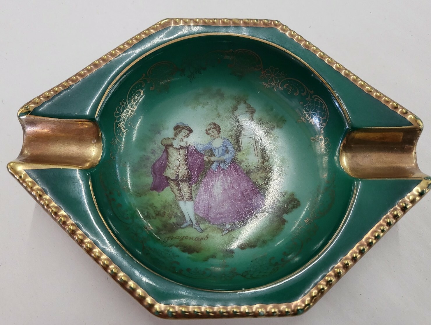 Vintage Waldershof (Germany) Green & Gold Ashtray W Romantic Couple #93 Vintage Waldershof (Germany) Green & Gold Ashtray W Romantic Couple #93