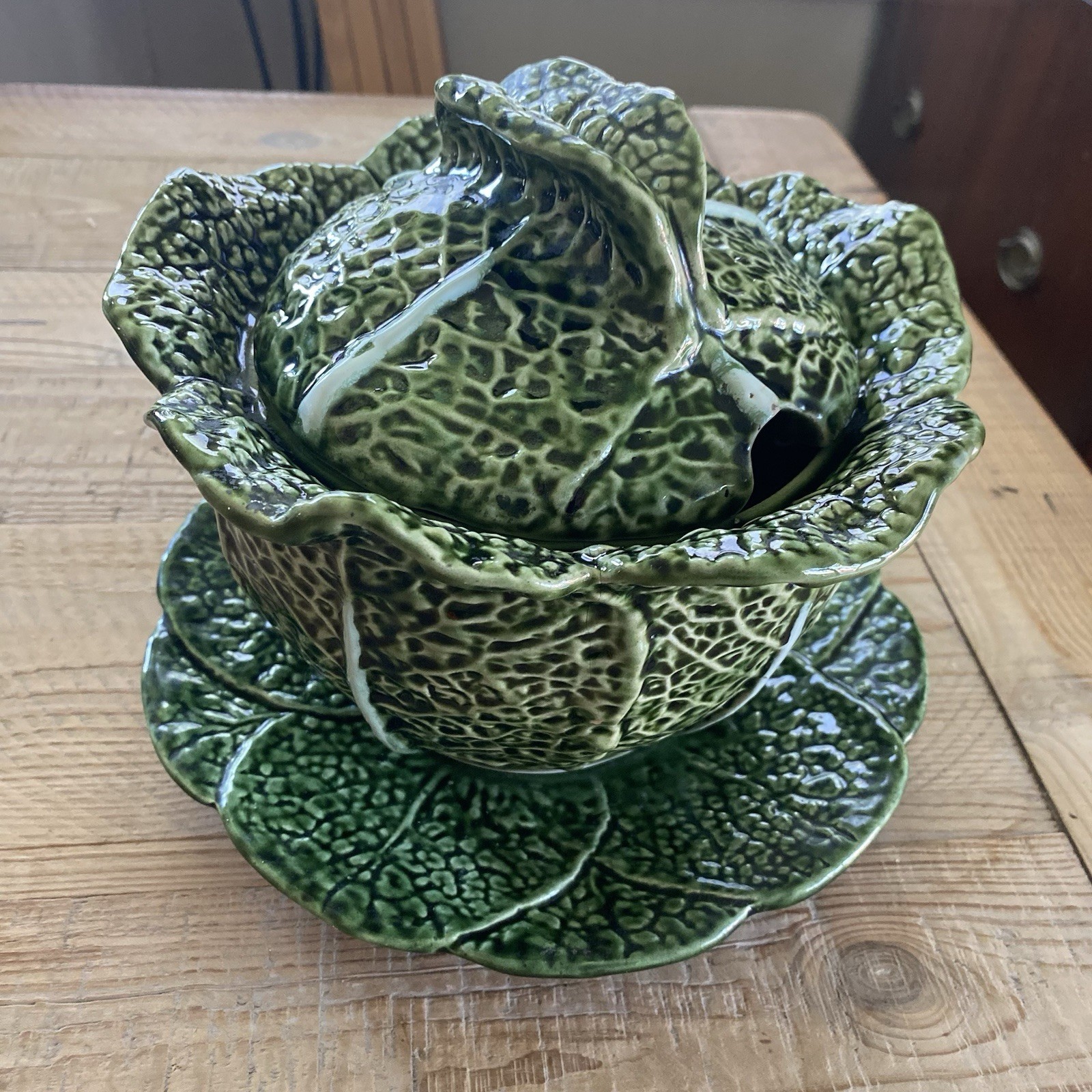 Vintage Olfaire Cabbageware Green Embossed White Veins Tureen, Lid & Underplate