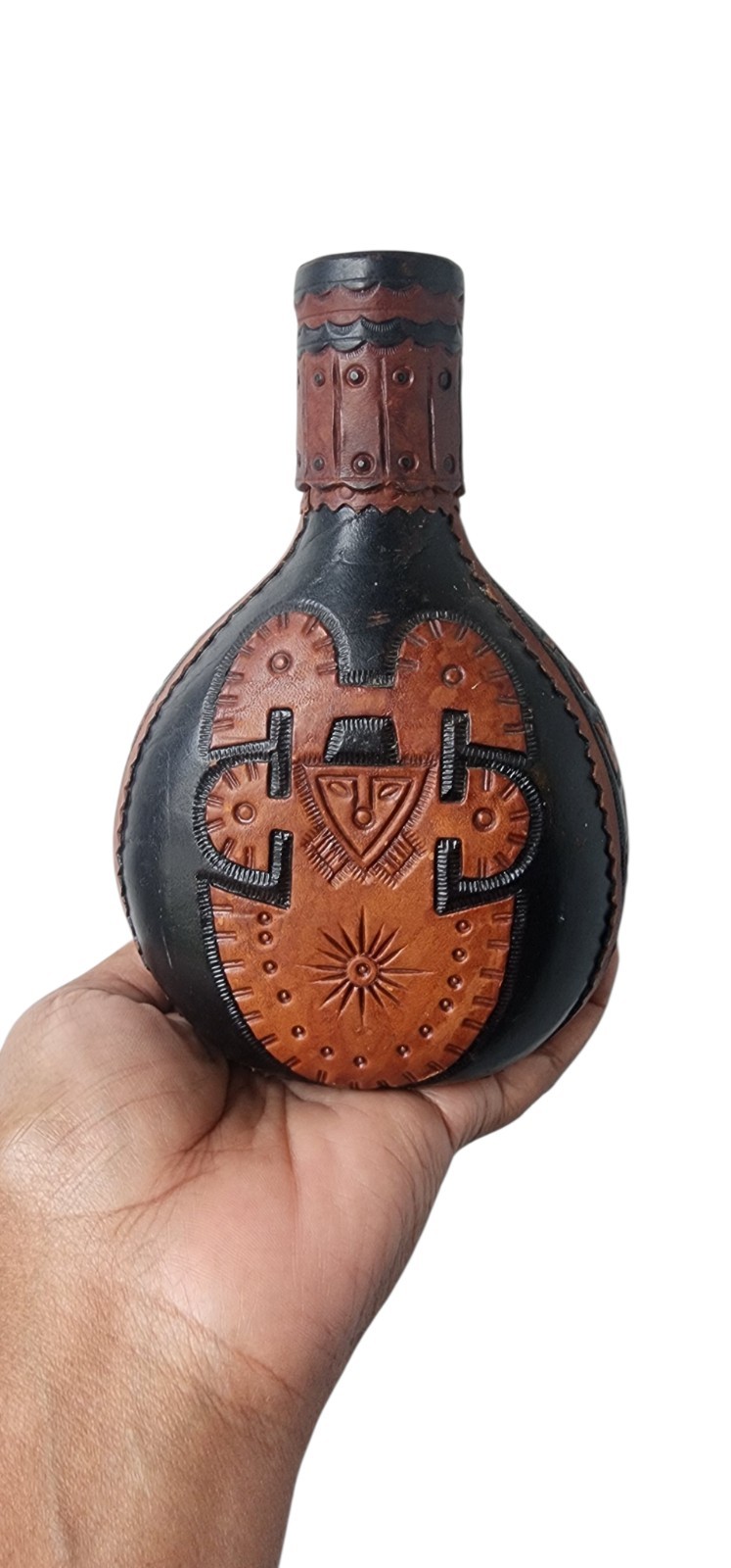 Vtg Hand Tooled Aztec Leather Covered Empty Wiskey-Wine Jug “Decanter” Columbia