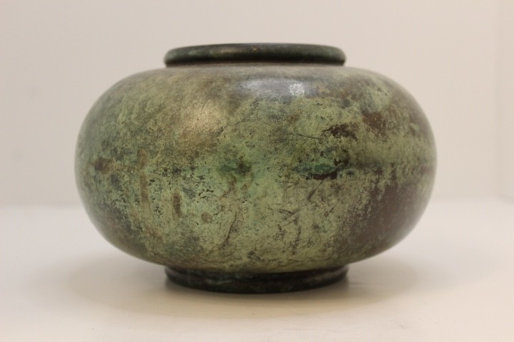 Vintage Japanese Green Mottled Bronze Vase with Rustic Verdigras Patina