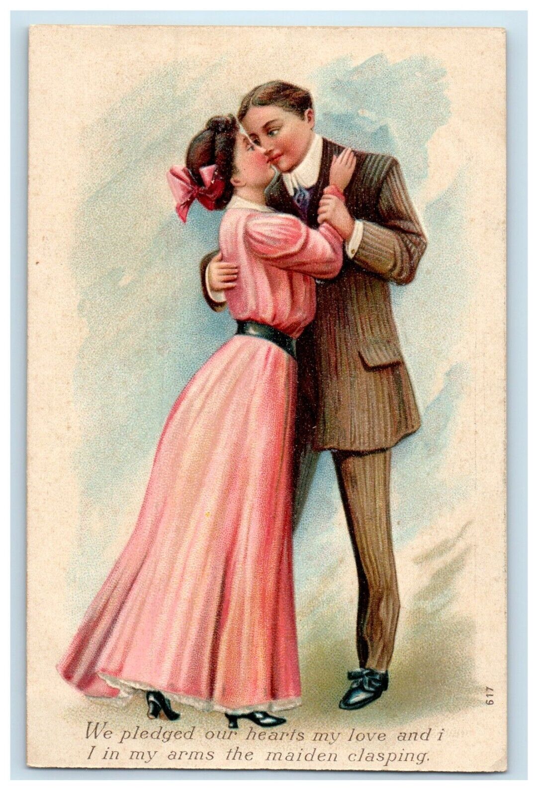 c1910\'s Sweet Couple Romance Kissing Formal Dressed Embossed Antique Postcard