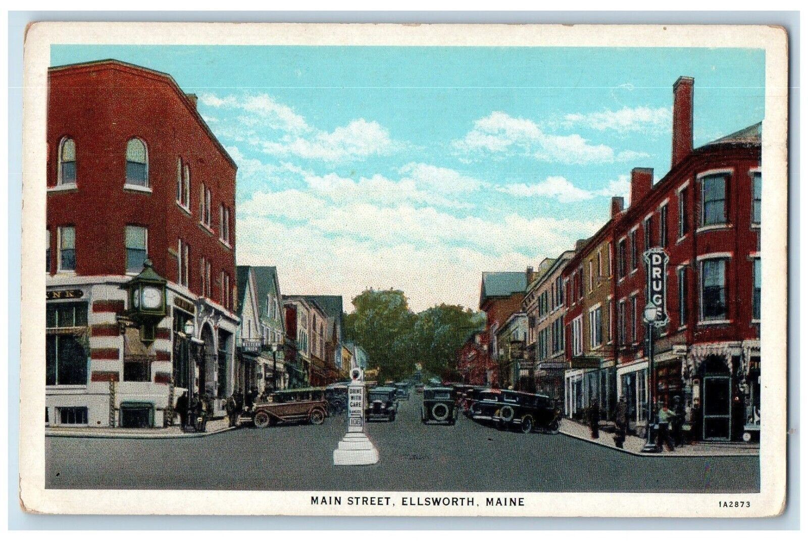c1930's Main Street Cars Clock Western Union Drugs Store Ellsworth ME Postcard