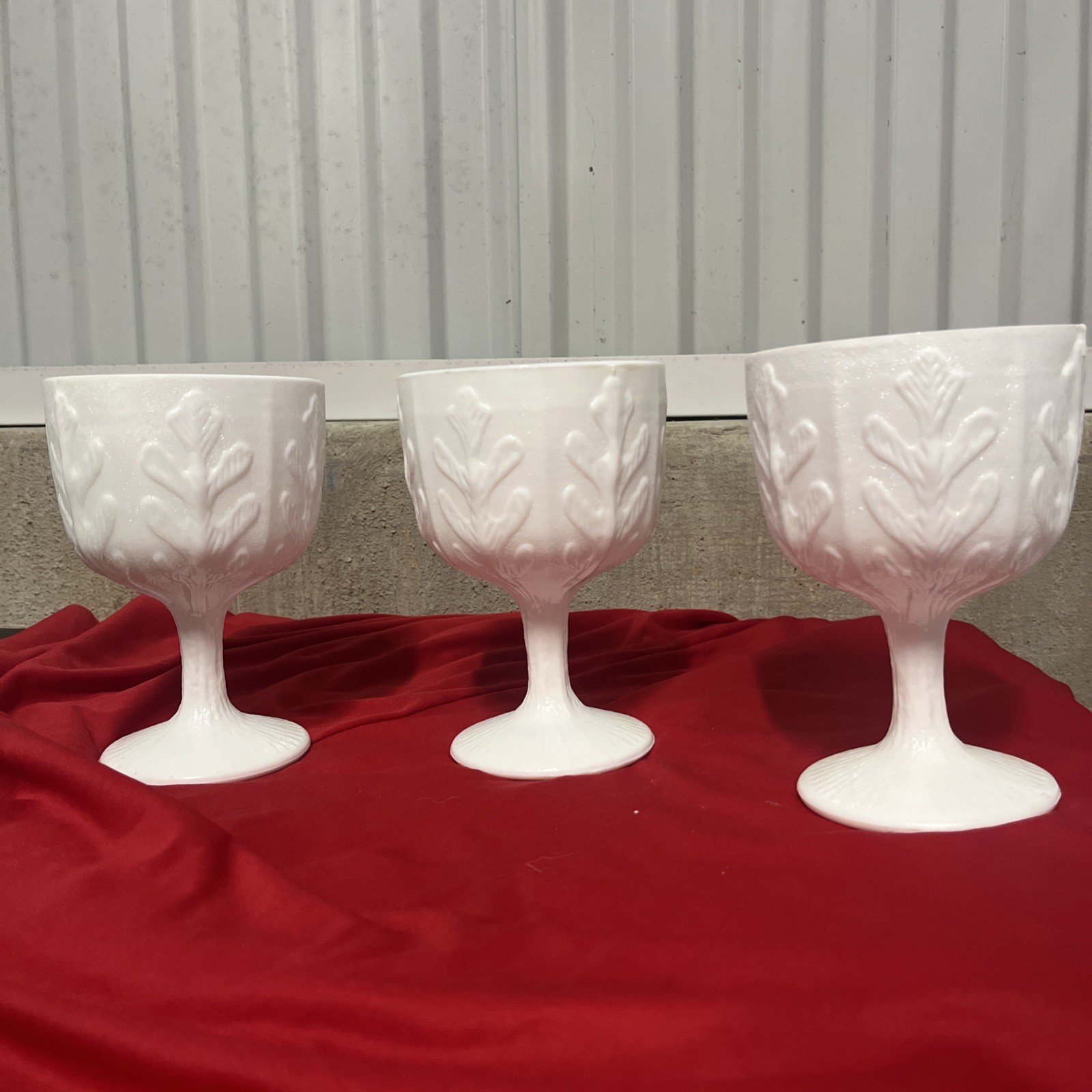 Vtg FTD 1975 Milk Glass Footed 6.5” Oak Leaf Vase Planter Compote Chalice Set 3