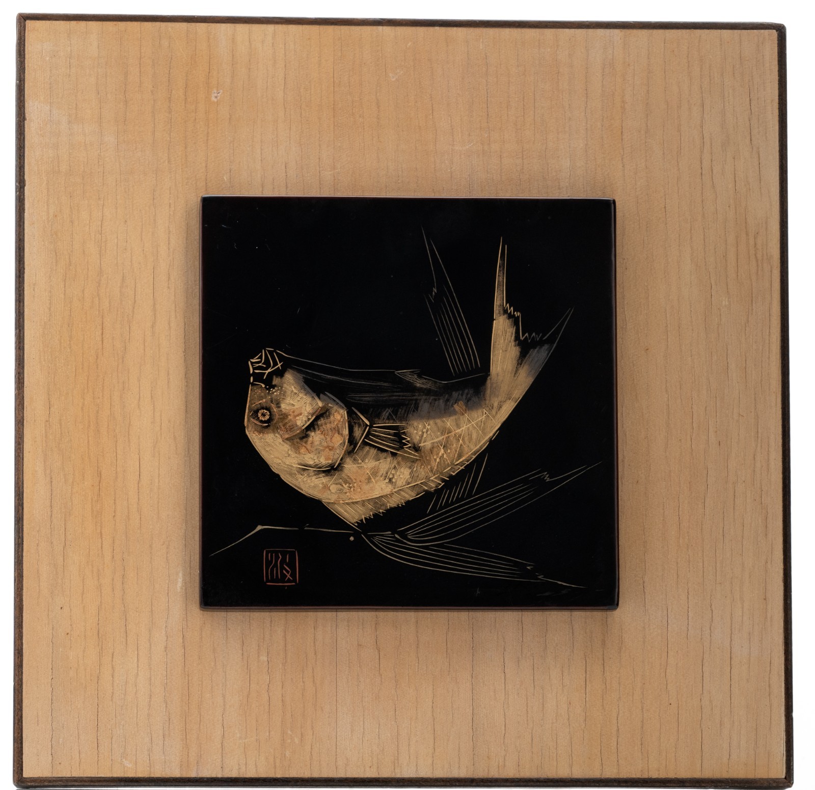 Vintage 1963 Wajima-Nuri Chinkin Wood Lacquer Fish Panel Mae Taiho Style 11x11