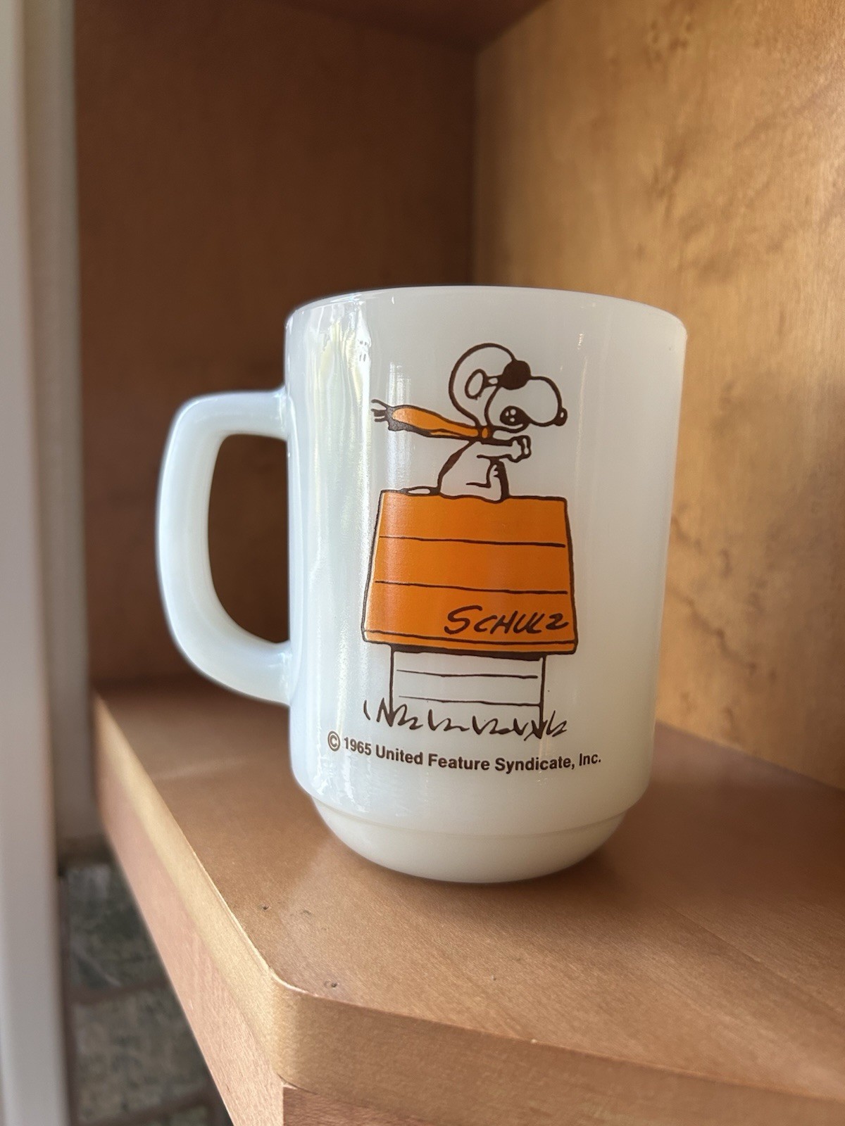 Rare VTG 1965 Fire-King Snoopy Mug Curse You Red Baron ORANGE VARIANT Milk Glass