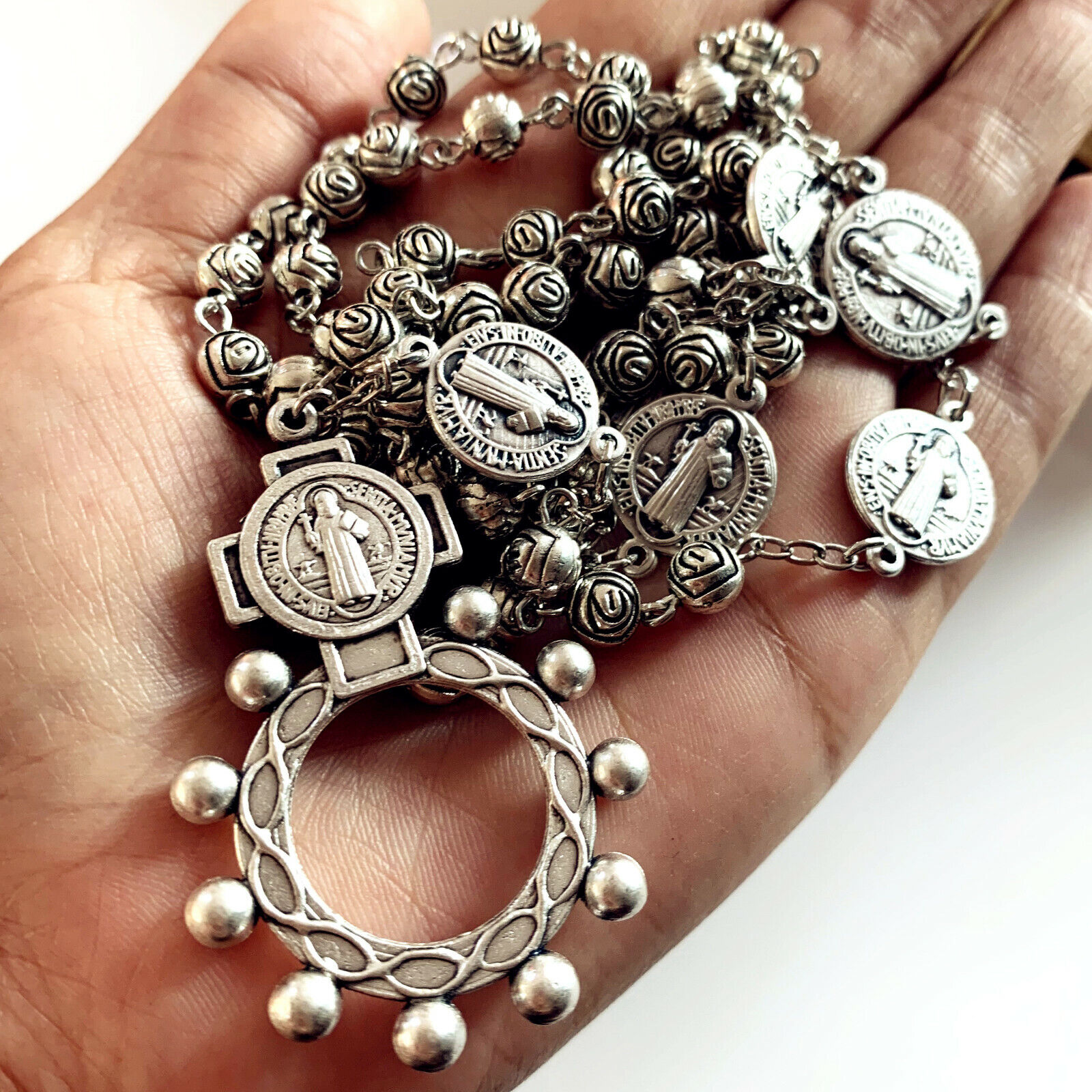Vintage Silver Rose Beads Catholic St. Benedict Rosary Necklace Cross Gift