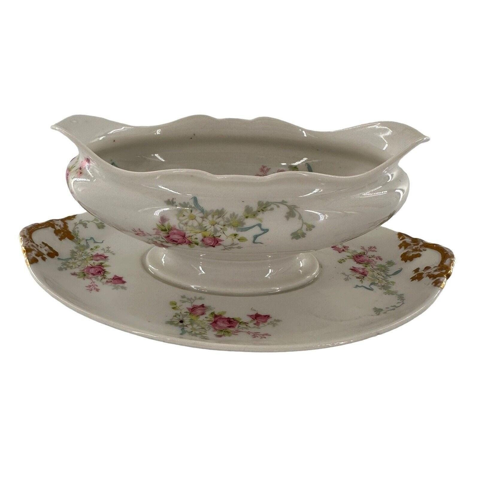 Vtg Theo Haviland Limoges Gold Rose Gravy Boat Underplate Discontinued Victorian