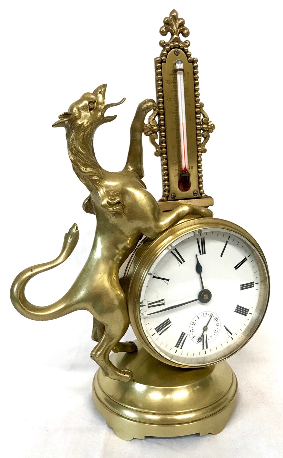 Stunning Antique Brass Griffin Novelty Desk Thermometer And Alarm Clock