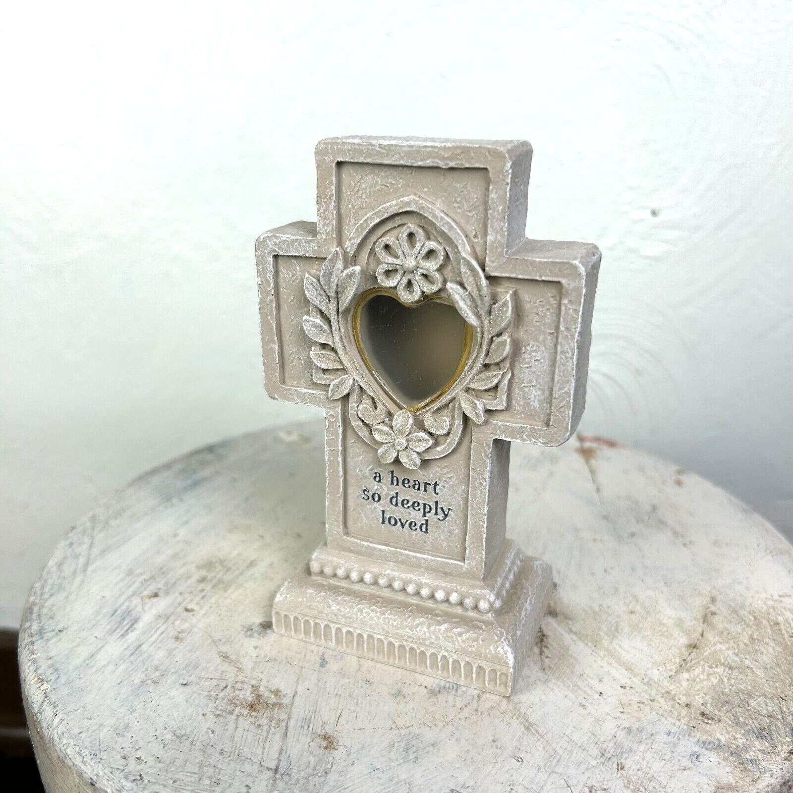 “A Heart So Deeply Loved” Light Up Cross Figure Statue Beige Gray Memorial Piece
