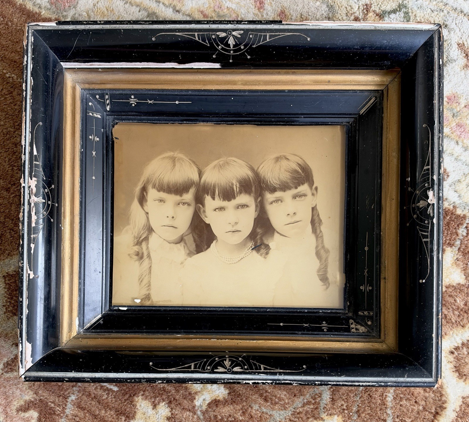 Antique Victorian Goth Haunted Ghost Children Photo Framed Ebonized Wood Art⁠
