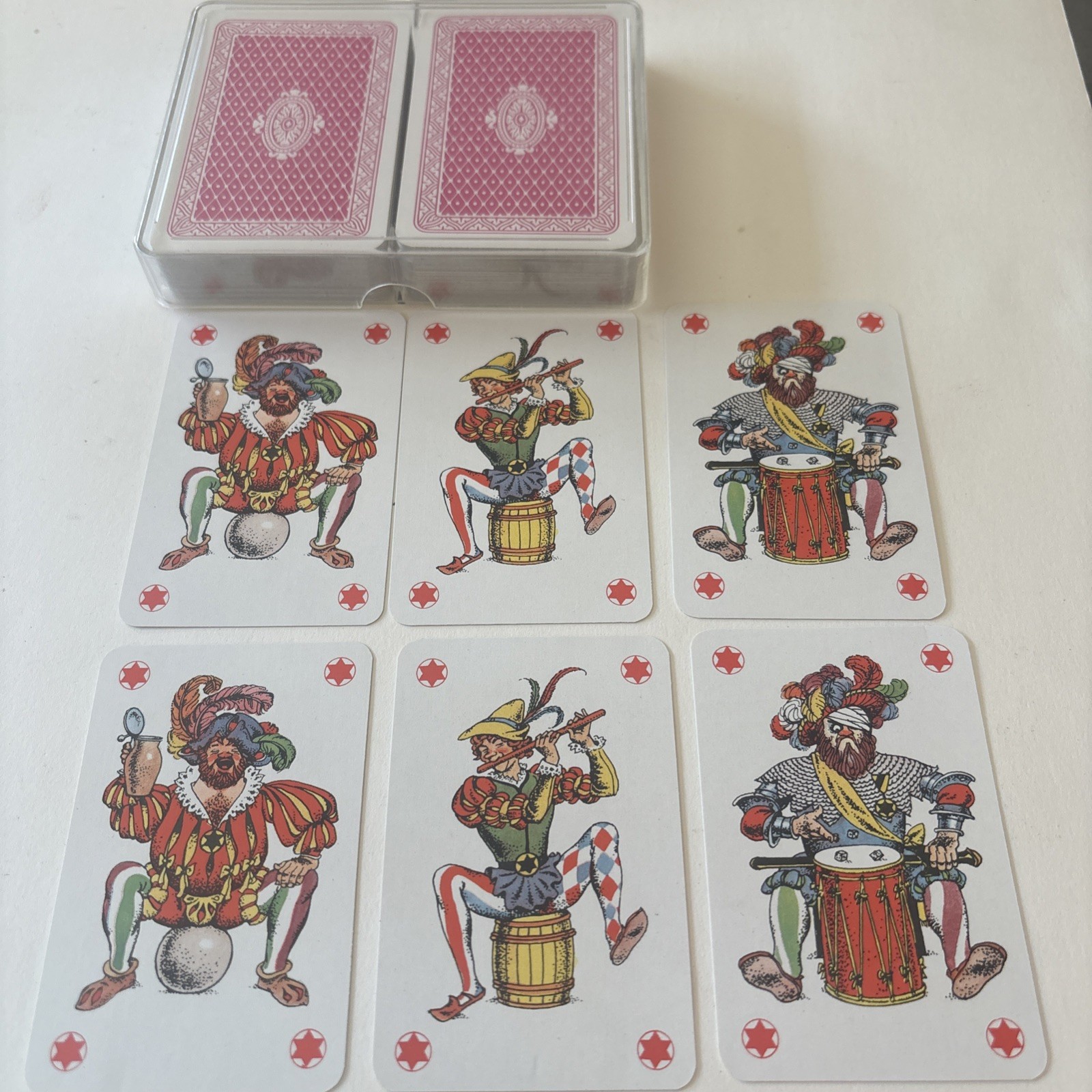 Vintage Double Deck Playing Cards Jester Musician Renaissance Art Pink Backs
