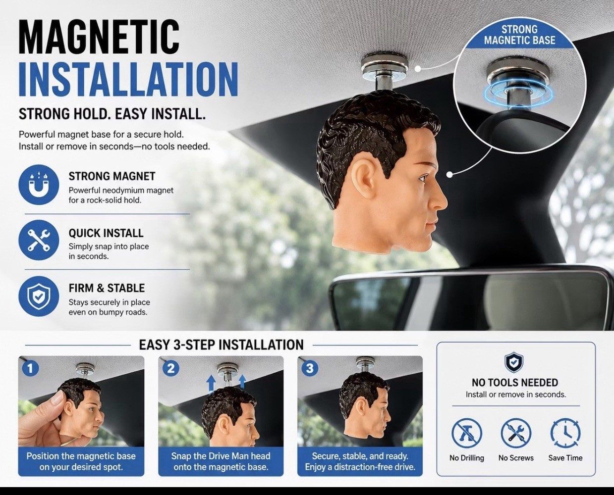 Fun Magnetic Mini Head Tesla Figurine | Car Interior Ornament | Mode3/YL/Y/S