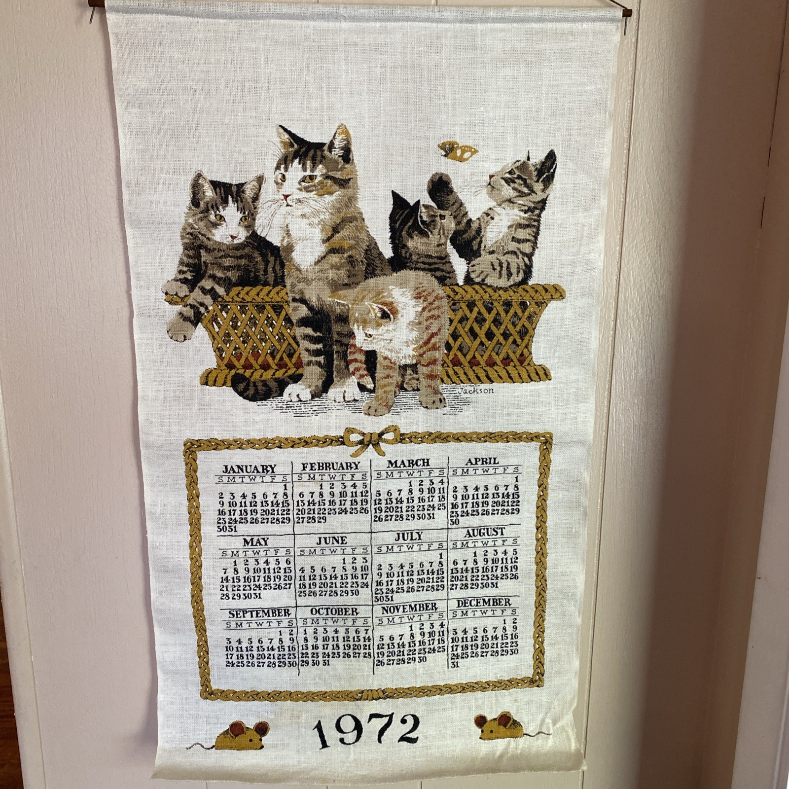Vintage Linen Tea Towel Calendar 1972 Cats Excellent Condition, Original Box