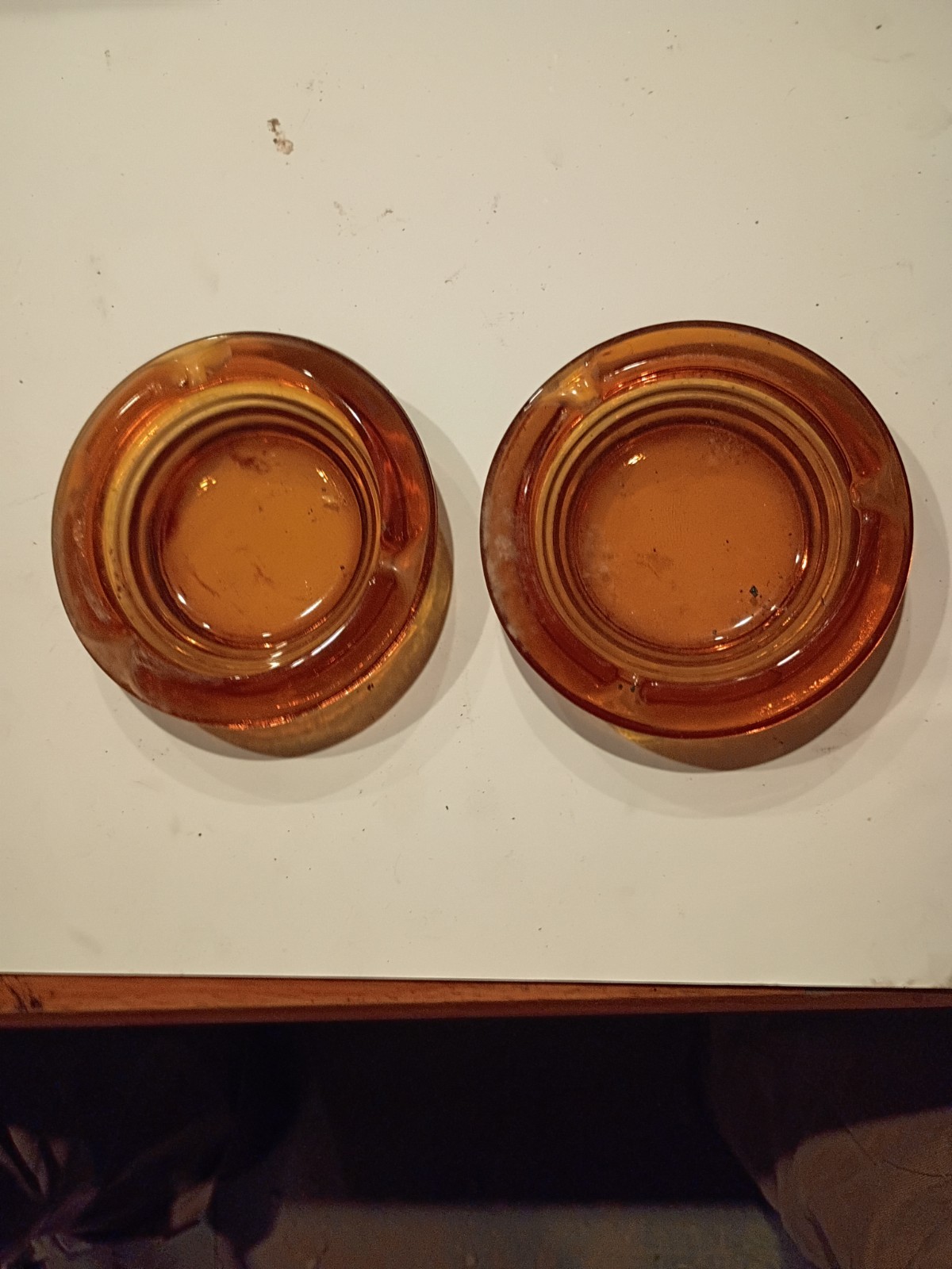 Vintage Amber Glass Ashtray Round 4 Slot Mid Century Modern USA Made 4.5 Inch