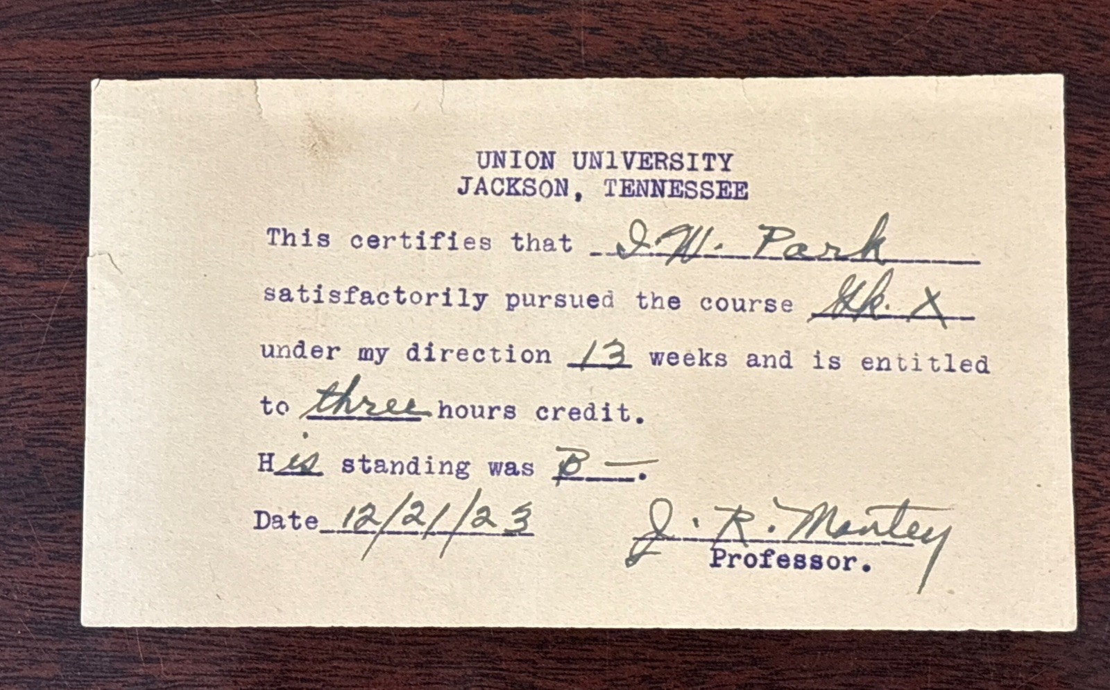 Vintage 1923 Union University Certificate - W. Park Academic Record