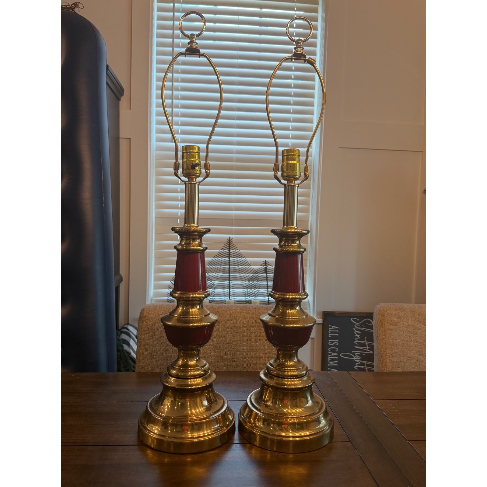 Vintage Brass Buffet Table Lamps Pair Hollywood Regency Burgundy Red Enamel 30\