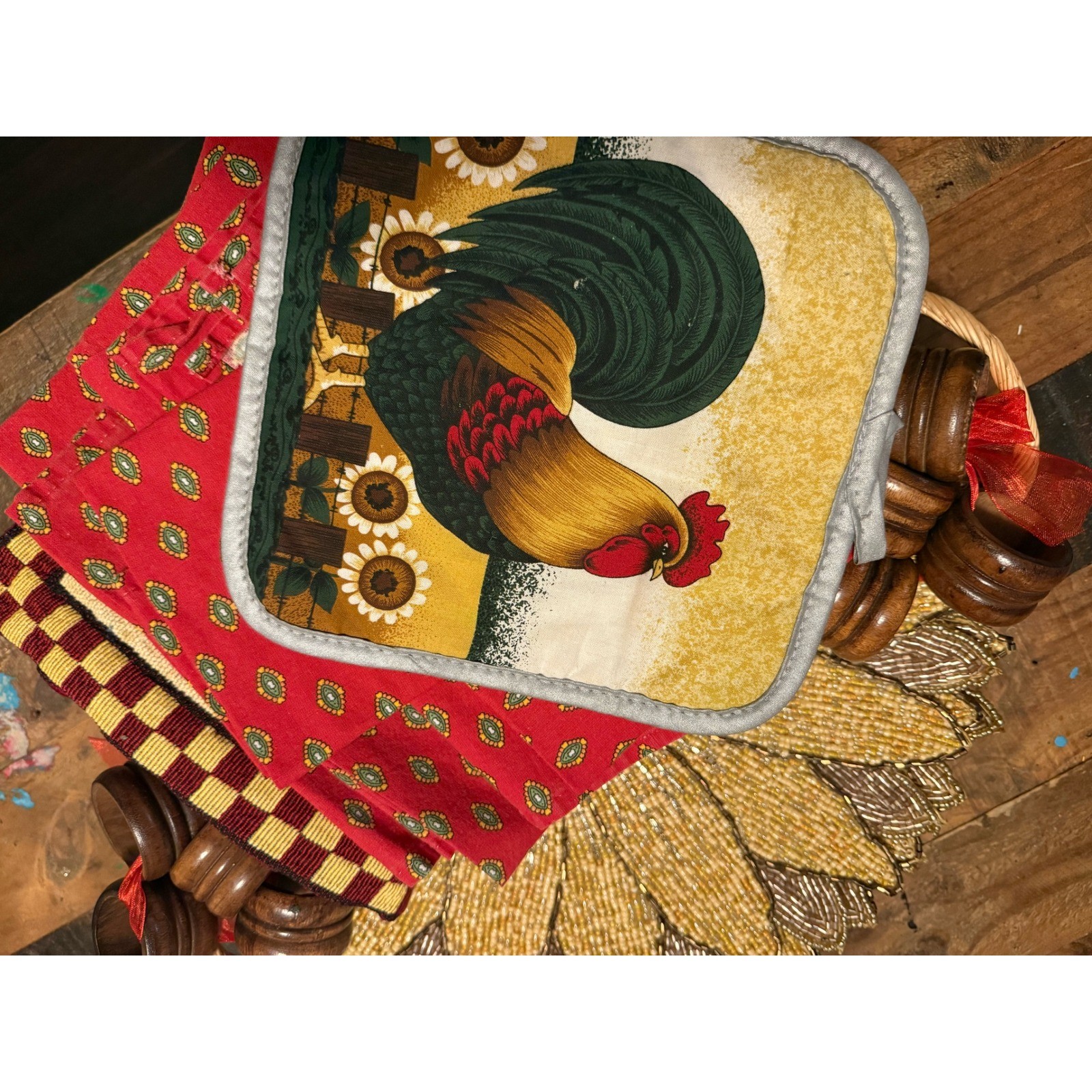 Farmhouse Kitchen Linens Set Rooster Pot Holder Red Towels Wooden Napkin Rings