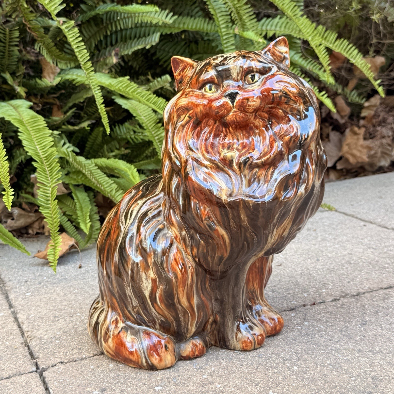 Vtg 1982 MCM Persian Large Caramel Ceramic Cat Green Eyes Sitting Statue 14”