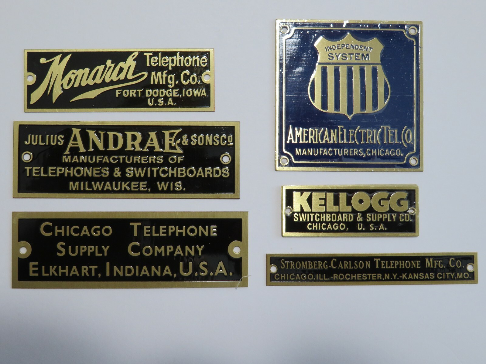 Antique telephone nameplate Kellogg,Chicago T, Julius Andrae,Monarch + Others Antique telephone nameplate Kellogg,Chicago T, Julius Andrae,Monarch + Others