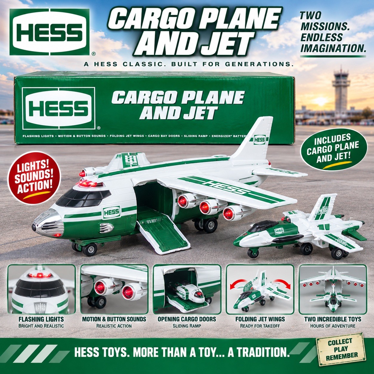 2021 Hess Cargo Plane & Jet Toy Lights Sounds Folding Wings New in Box