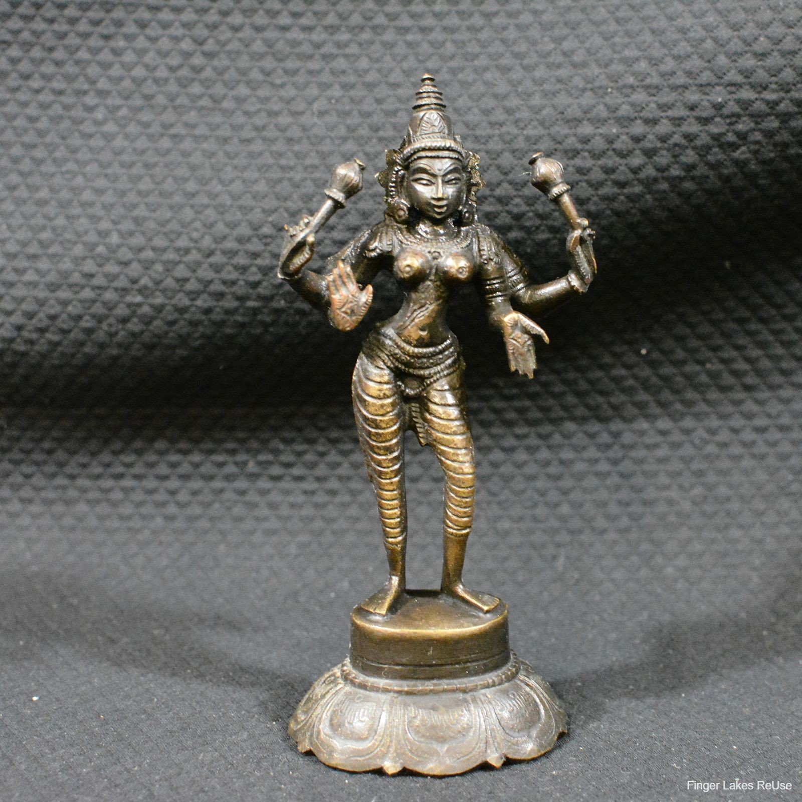 Vintage Indian Brass Goddess Lakshmi Statue Four Arms Lotus Base Figure Idol