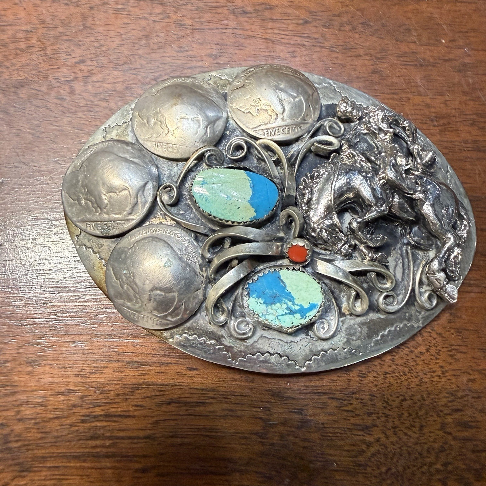 Nickel Silver Buffalo Head Belt Buckle Turquoise Coral w/Coins - Bronc Rider