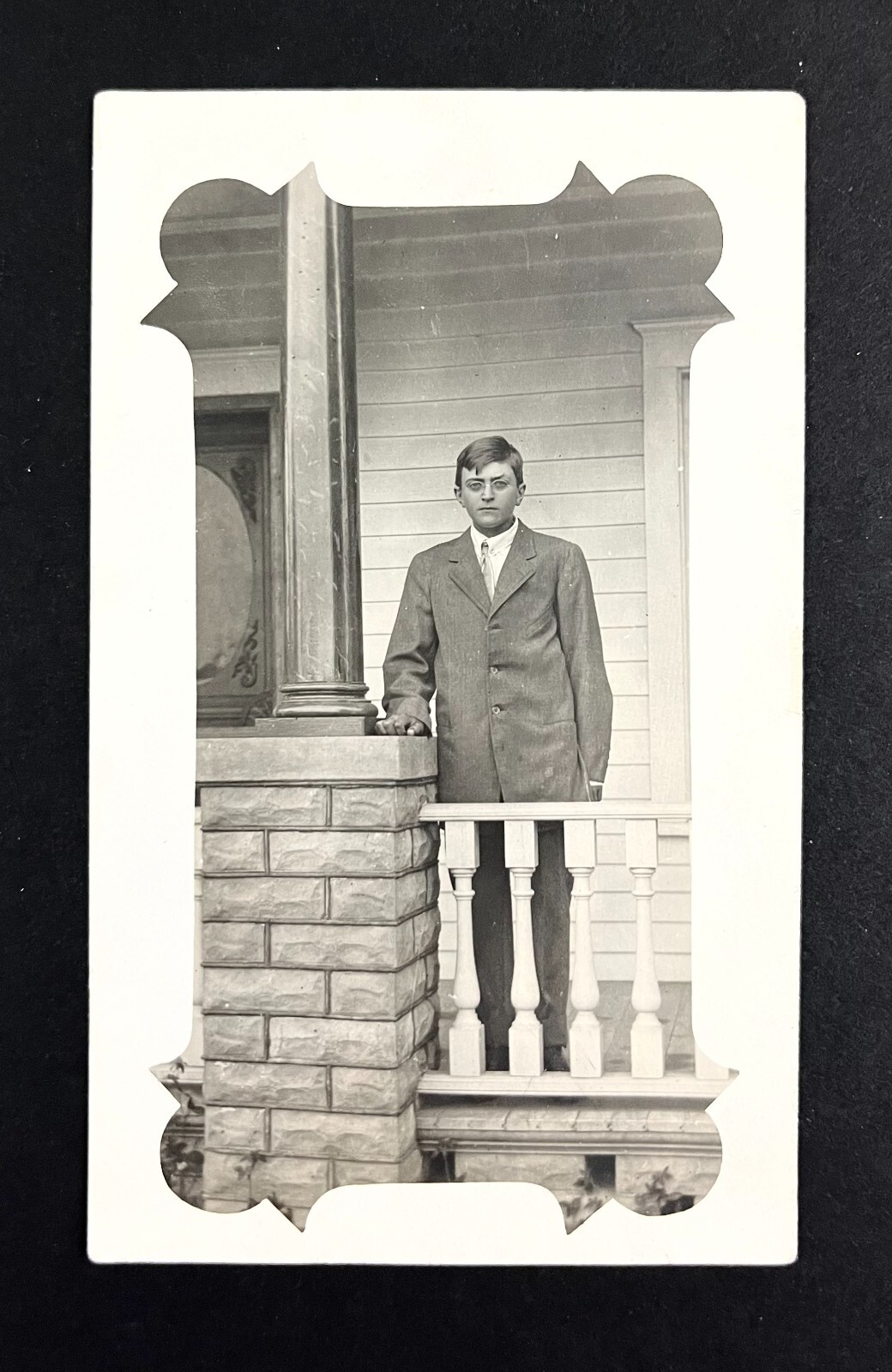 1913 Young Teen Boy Porch Suit Spectacles Antique RPPC Real Photo Postcard