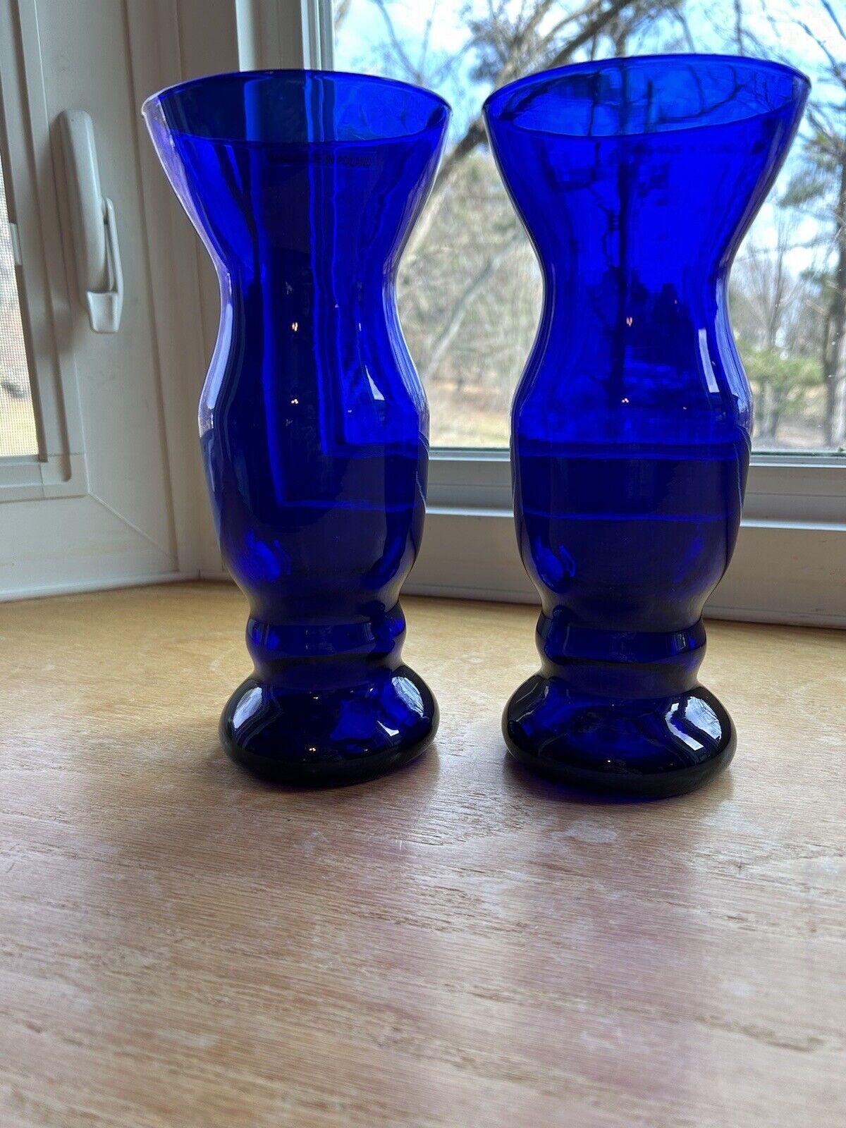 Vase Set Of 2 Cobalt Blue Hand Blown Glass Made In Poland 9” Tall W/ Tags